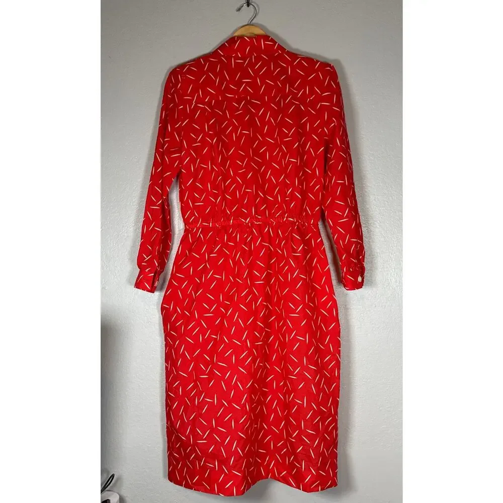 Vintage 80s Structured Red Midi Dress Size 10 Print Long Sleeve Retro Secretary - Picture 4 of 8